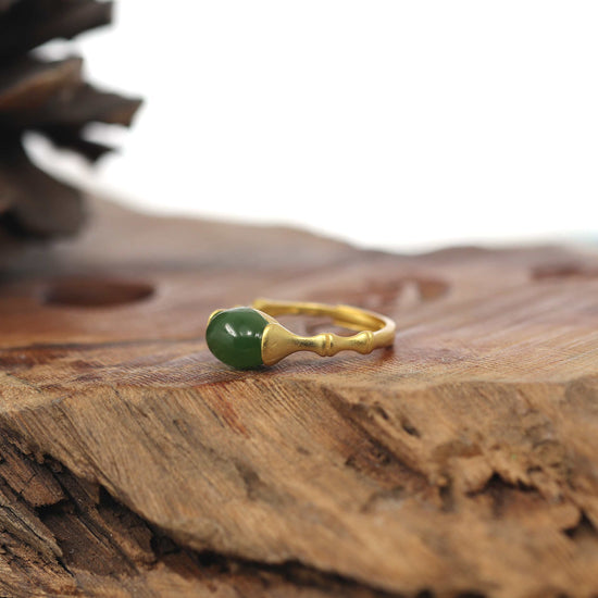 RealJade® Co. RealJade® Co. "Classic Oval Bamboo" Sterling Silver Natural Green Nephrite Jade Adjustable Ring For Her
