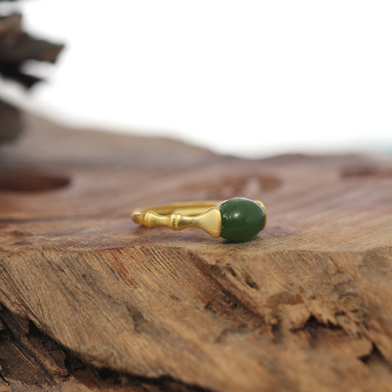 RealJade® Co. RealJade® Co. "Classic Oval Bamboo" Sterling Silver Natural Green Nephrite Jade Adjustable Ring For Her