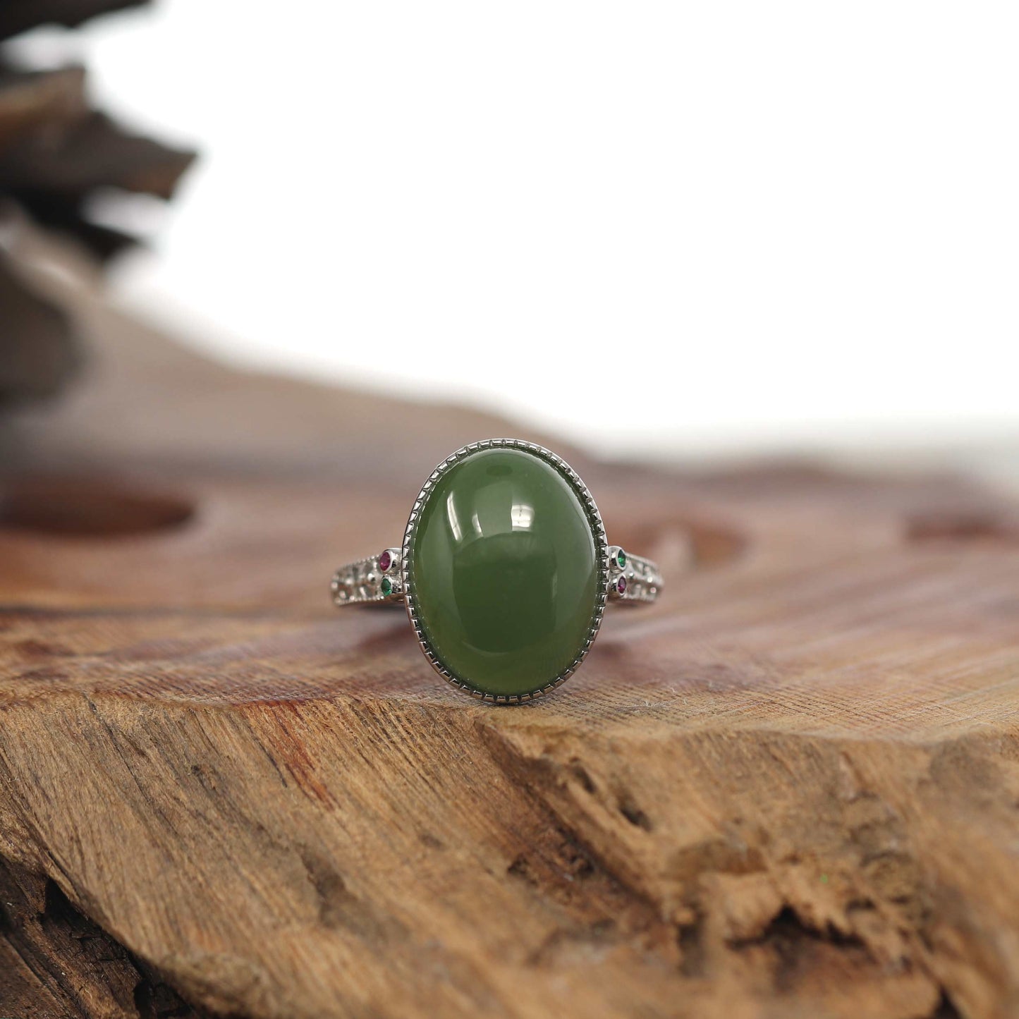 RealJade® Co. RealJade® Co. "Classic Oval With Accents" Sterling Silver Natural Green Nephrite Jade Adjustable Ring For Her
