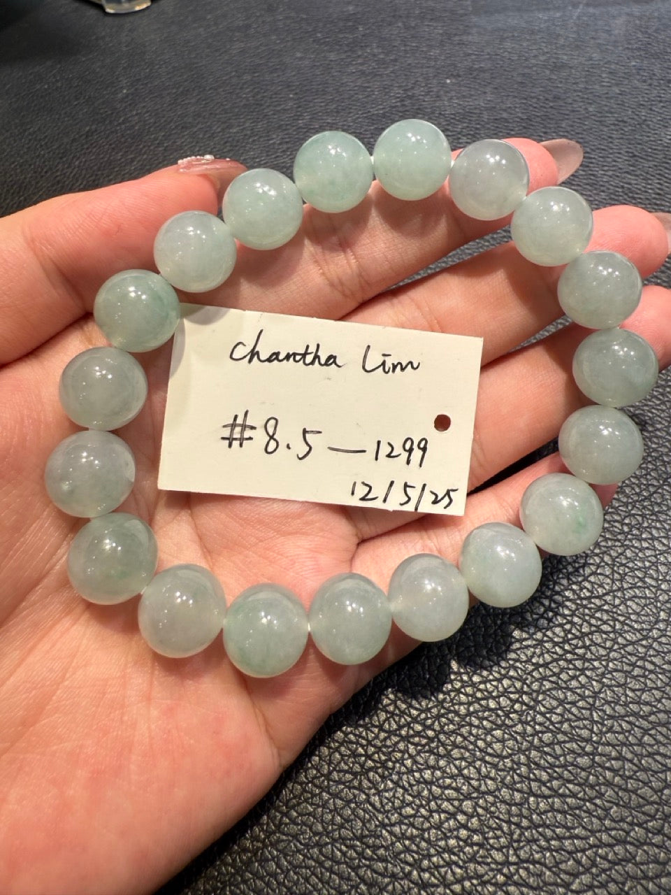 "Live" Icy Light Green Natural Jadeite Jade Bead Bracelet #8.5