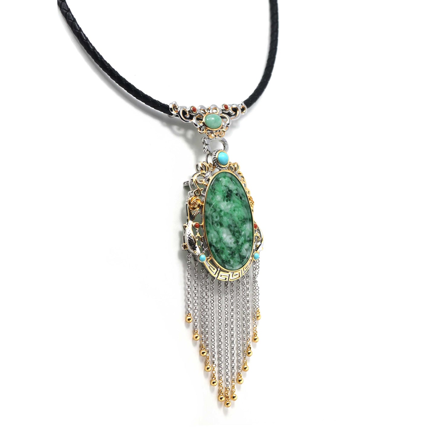 RealJade® Co. Genuine Burmese Green Jadeite Jade Ru Yi Pendant Necklace with Unique Setting