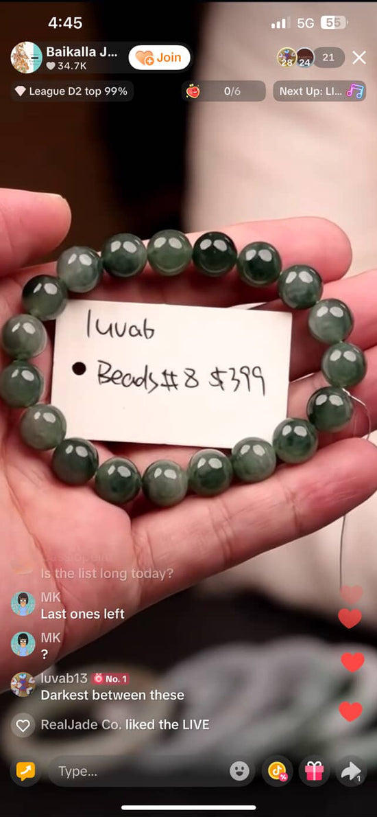 "Live" Natural Deep Oil Green Jadeite Jade Beads Bracelet (10/02/25)