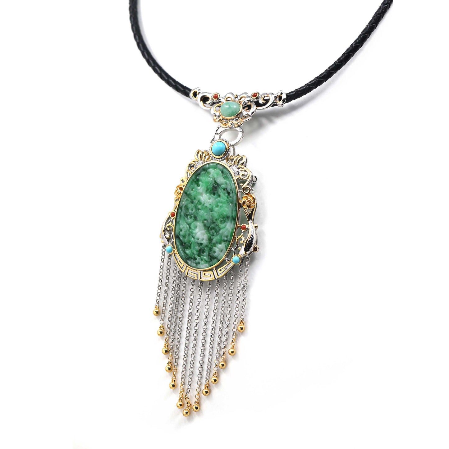 RealJade® Co. Genuine Burmese Green Jadeite Jade Ru Yi Pendant Necklace with Unique Setting
