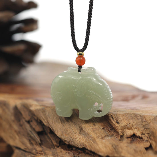 RealJade® Co. RealJade® Co. Genuine HeTian Nephrite Jade Elephant Carving Pendant Necklace With Natural Agat Bead
