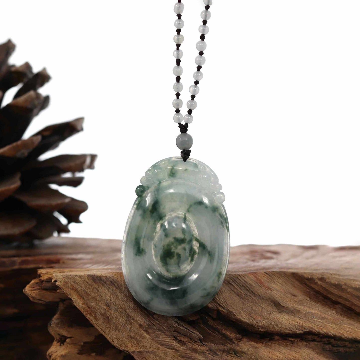 Genuine Ice Blue-Green Jadeite Jade "Good Luck Oval with Dragon Accent" Pendant Necklace With Real Jadeite Bead Necklace