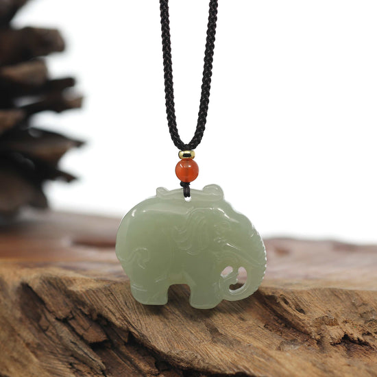 RealJade® Co. RealJade® Co. Genuine HeTian Nephrite Jade Elephant Carving Pendant Necklace With Natural Agat Bead