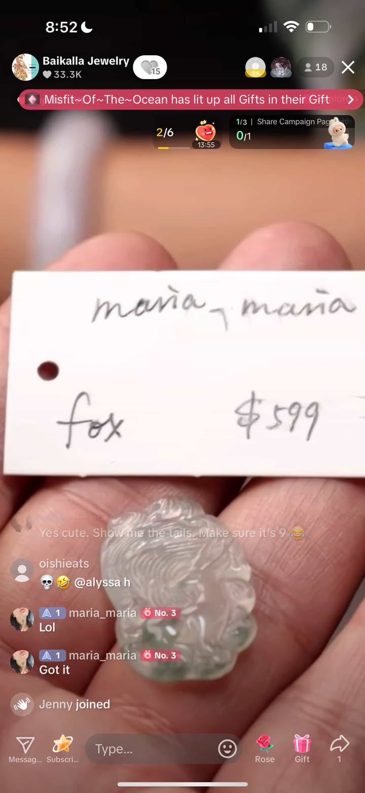 "Live" Natural Icy With Light Blue Flower Jadeite Jade Nine Tail Fox Pendant (To set bail)" (09/02/25)