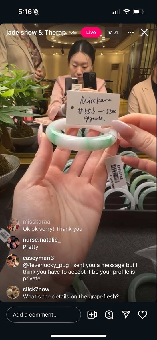 "Live" Natural Bai Di Qing "Moss in Snow" Jadeite Jade Comfort Fit Bangle (11/14/25)