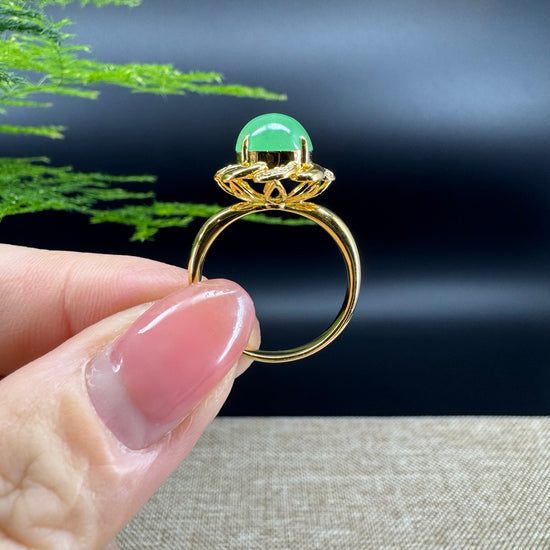 RealJade®  18K Yellow Gold Flower Apple Green Jadeite Jade Diamonds Ring
