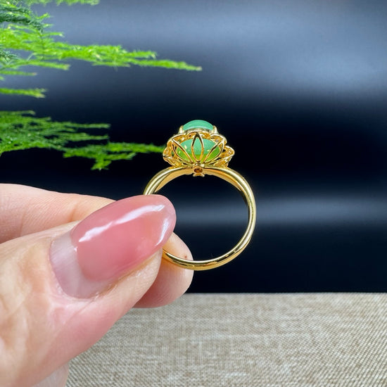 RealJade®  18K Yellow Gold Flower Apple Green Jadeite Jade Diamonds Ring