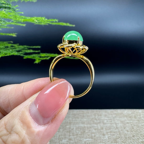 RealJade®  18K Yellow Gold Flower Apple Green Jadeite Jade Diamonds Ring