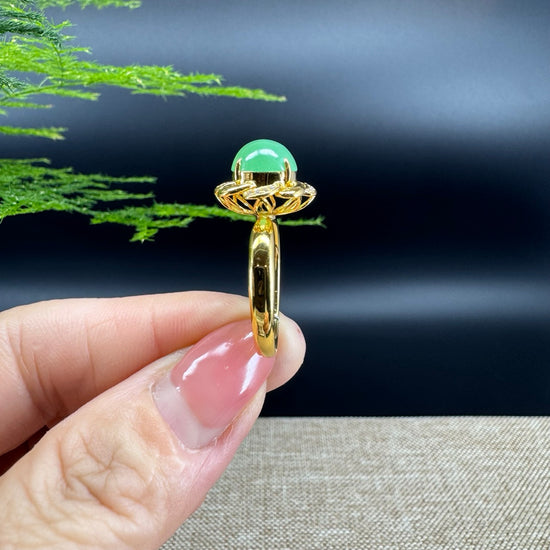 RealJade®  18K Yellow Gold Flower Apple Green Jadeite Jade Diamonds Ring