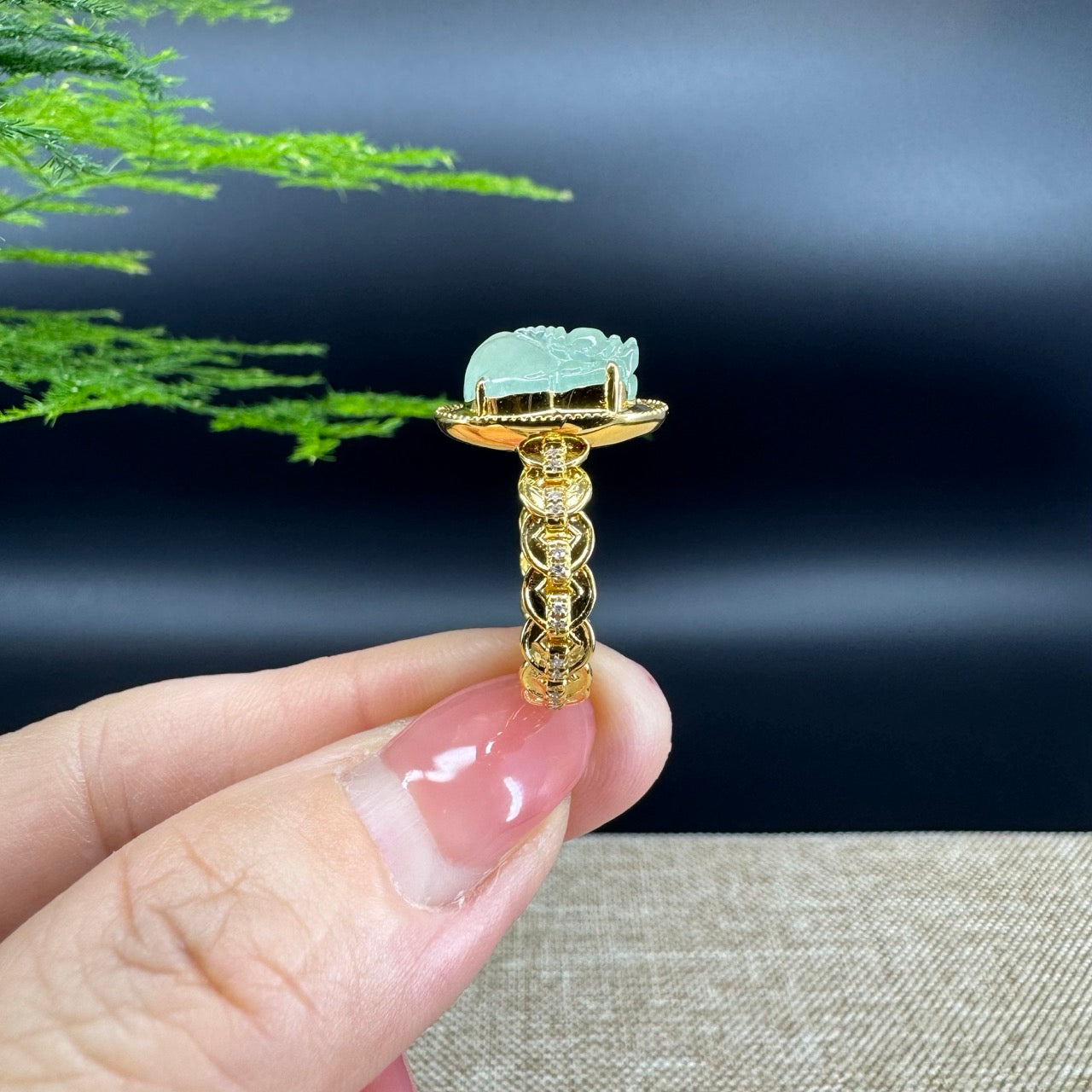 RealJade® "Signature Signet" 18K Yellow Gold Icy Green Jadeite Jade  PiXiu Ring