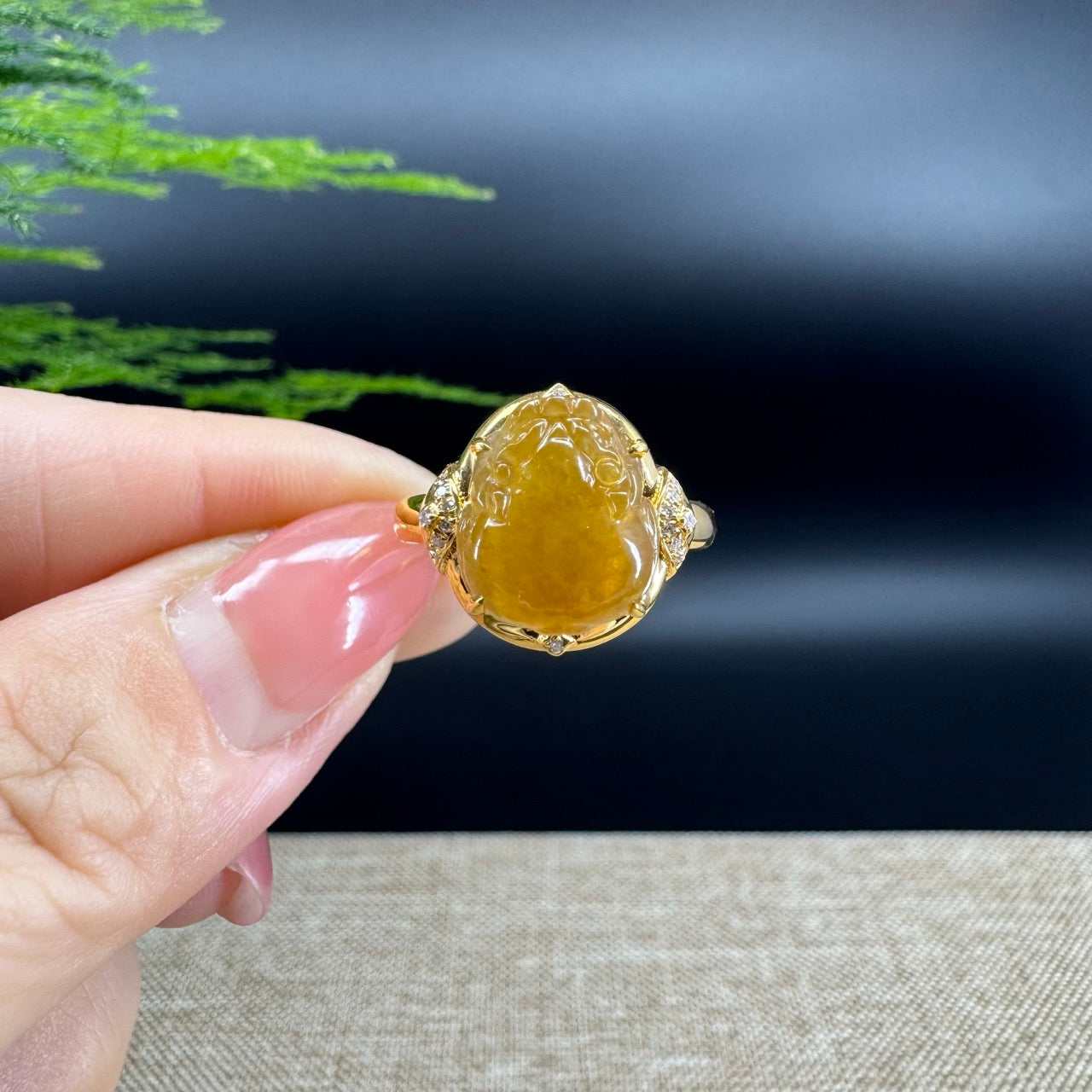 RealJade® "Signature Signet" 18K Yellow Gold Honey Yellow Jadeite Jade Diamonds  Pig Ring