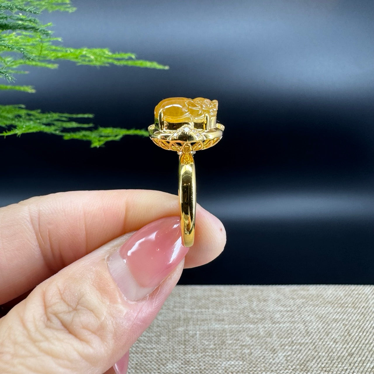 RealJade® "Signature Signet" 18K Yellow Gold Honey Yellow Jadeite Jade Diamonds  Pig Ring