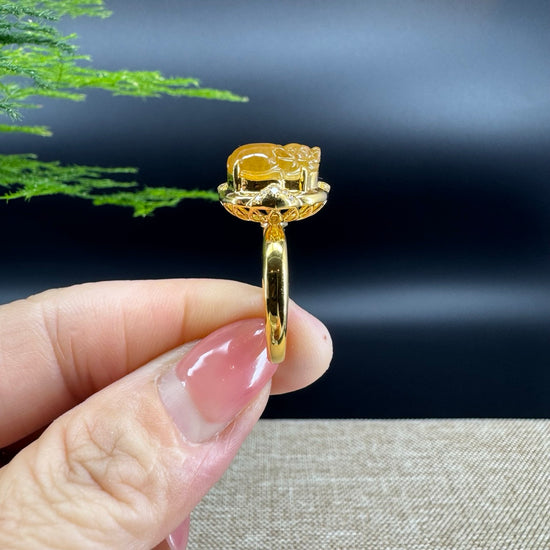 RealJade® "Signature Signet" 18K Yellow Gold Honey Yellow Jadeite Jade Diamonds  Pig Ring