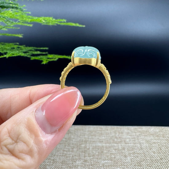 RealJade® "Signature Signet" 18K Yellow Gold Icy Green Jadeite Jade PiXiu Ring