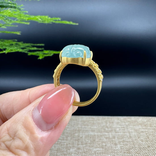 RealJade® "Signature Signet" 18K Yellow Gold Icy Green Jadeite Jade PiXiu Ring
