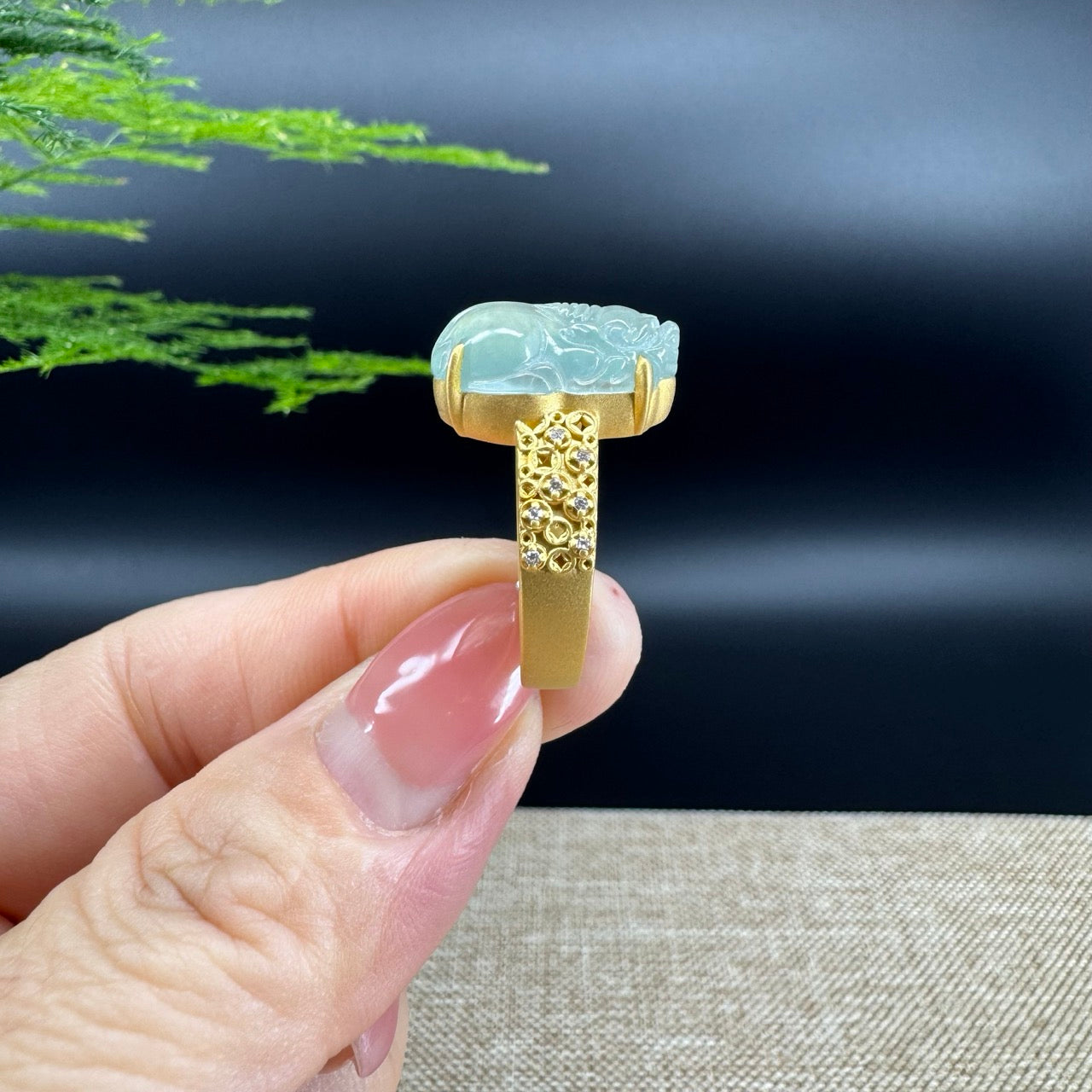 RealJade® "Signature Signet" 18K Yellow Gold Icy Green Jadeite Jade PiXiu Ring