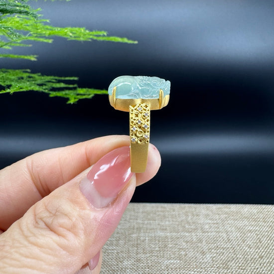 RealJade® "Signature Signet" 18K Yellow Gold Icy Green Jadeite Jade PiXiu Ring