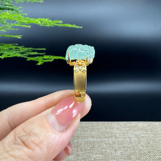RealJade® "Signature Signet" 18K Yellow Gold  Green Jadeite Jade Diamonds  PiXiu Ring