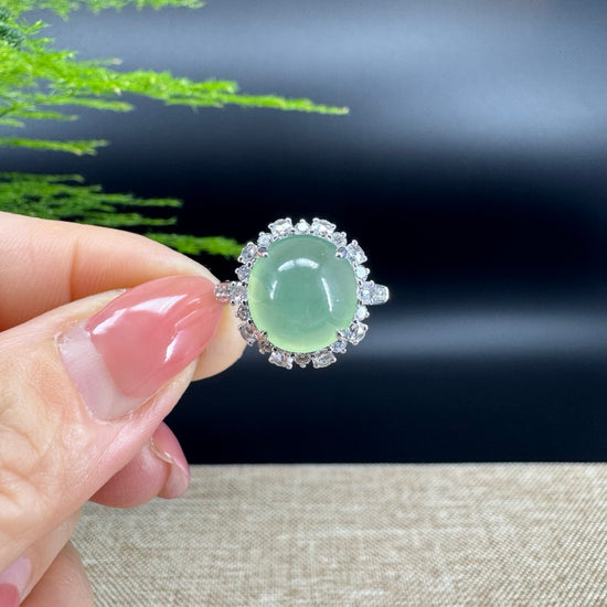 RealJade®  18k White Gold Natural Ice Green Jadeite Engagement Ring With Diamonds
