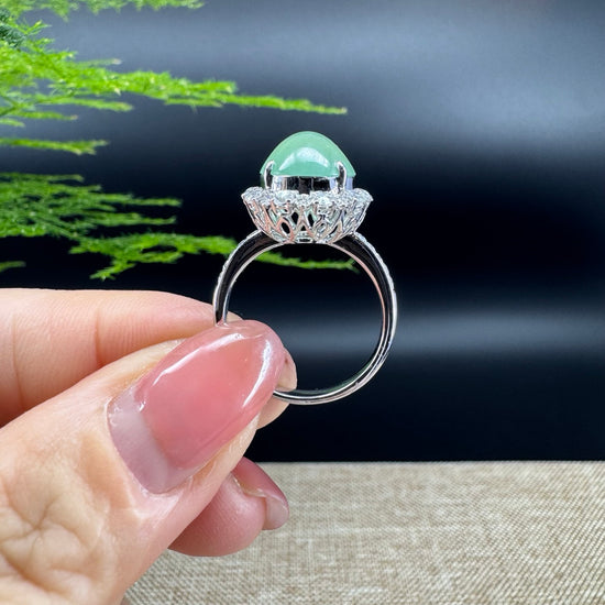 RealJade®  18k White Gold Natural Ice Green Jadeite Engagement Ring With Diamonds