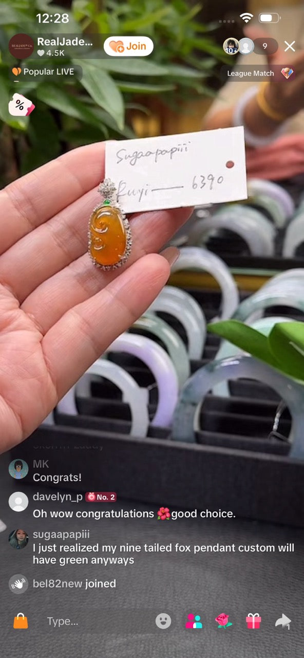 "Live" 18kw Gold Natural Icy Honey Yellow Jadeite Jade Ruyi Pendant with Natural Diamonds