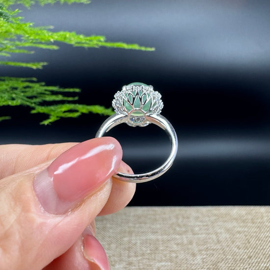 RealJade®  18k White Gold Natural Ice Green Jadeite Engagement Ring With Diamonds