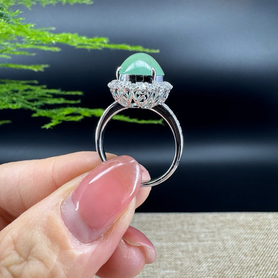 RealJade®  18k White Gold Natural Ice Green Jadeite Engagement Ring With Diamonds