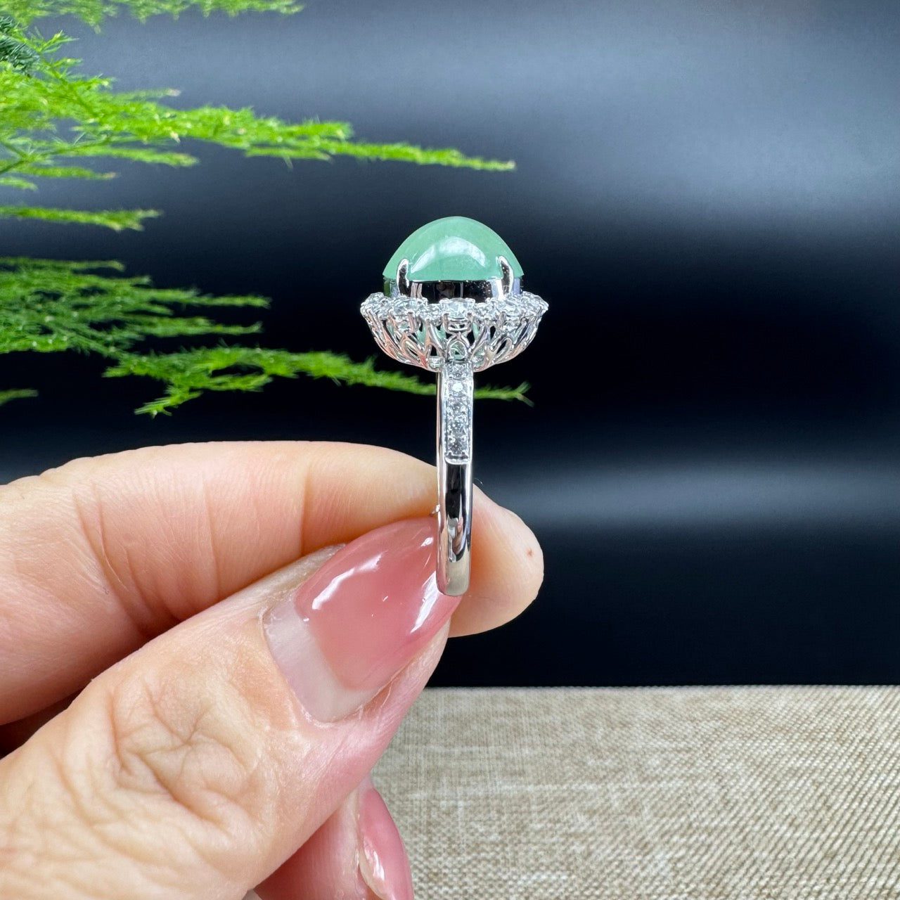 RealJade®  18k White Gold Natural Ice Green Jadeite Engagement Ring With Diamonds