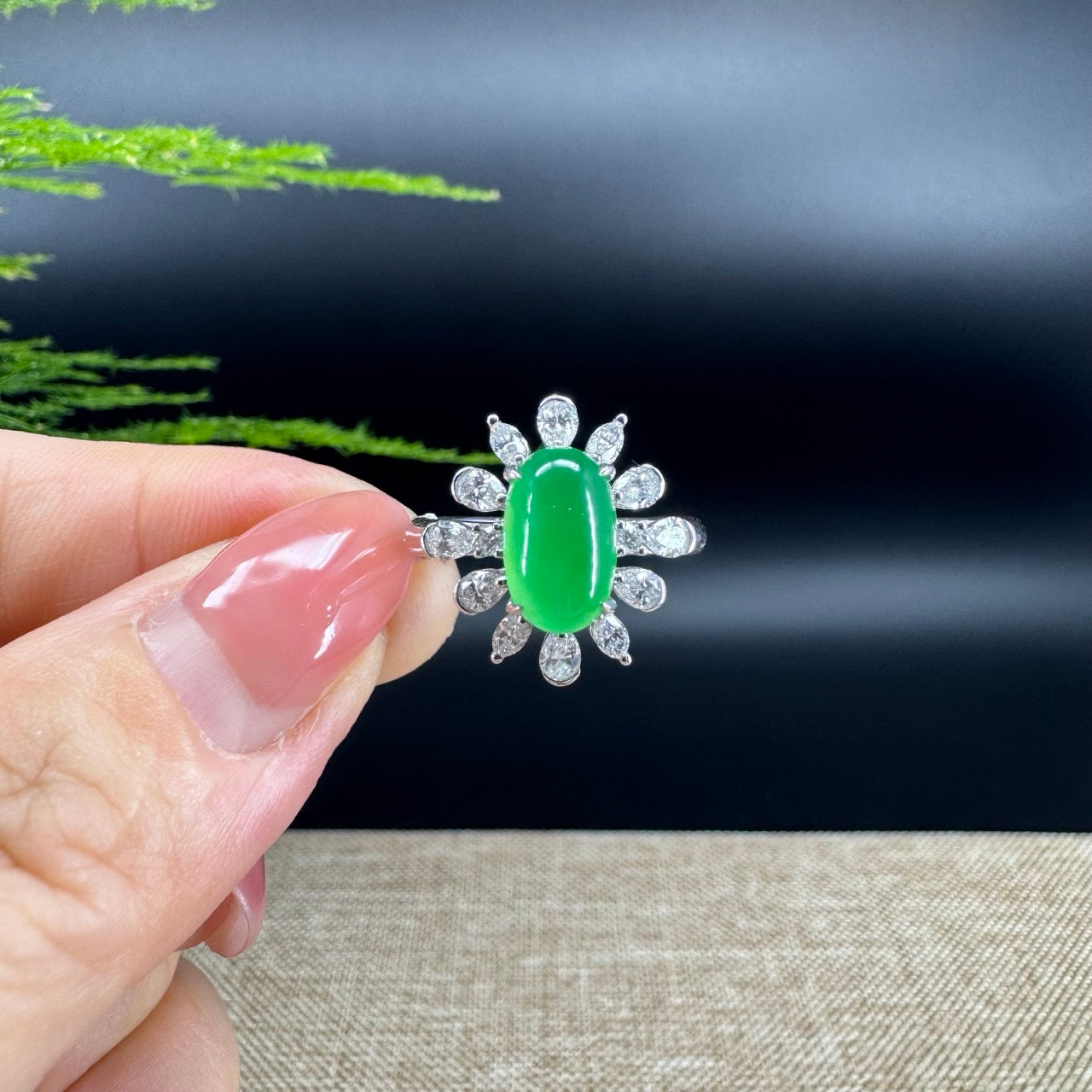 RealJade® "Amelie" 18k White Gold Natural Imperial Green Jadeite Engagement Ring With Diamonds