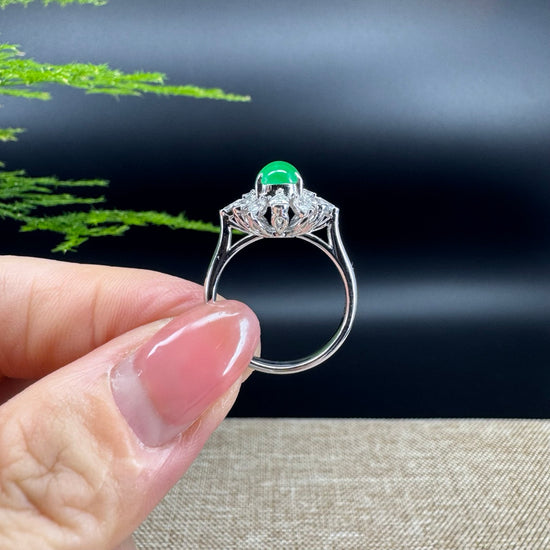 RealJade® "Amelie" 18k White Gold Natural Imperial Green Jadeite Engagement Ring With Diamonds