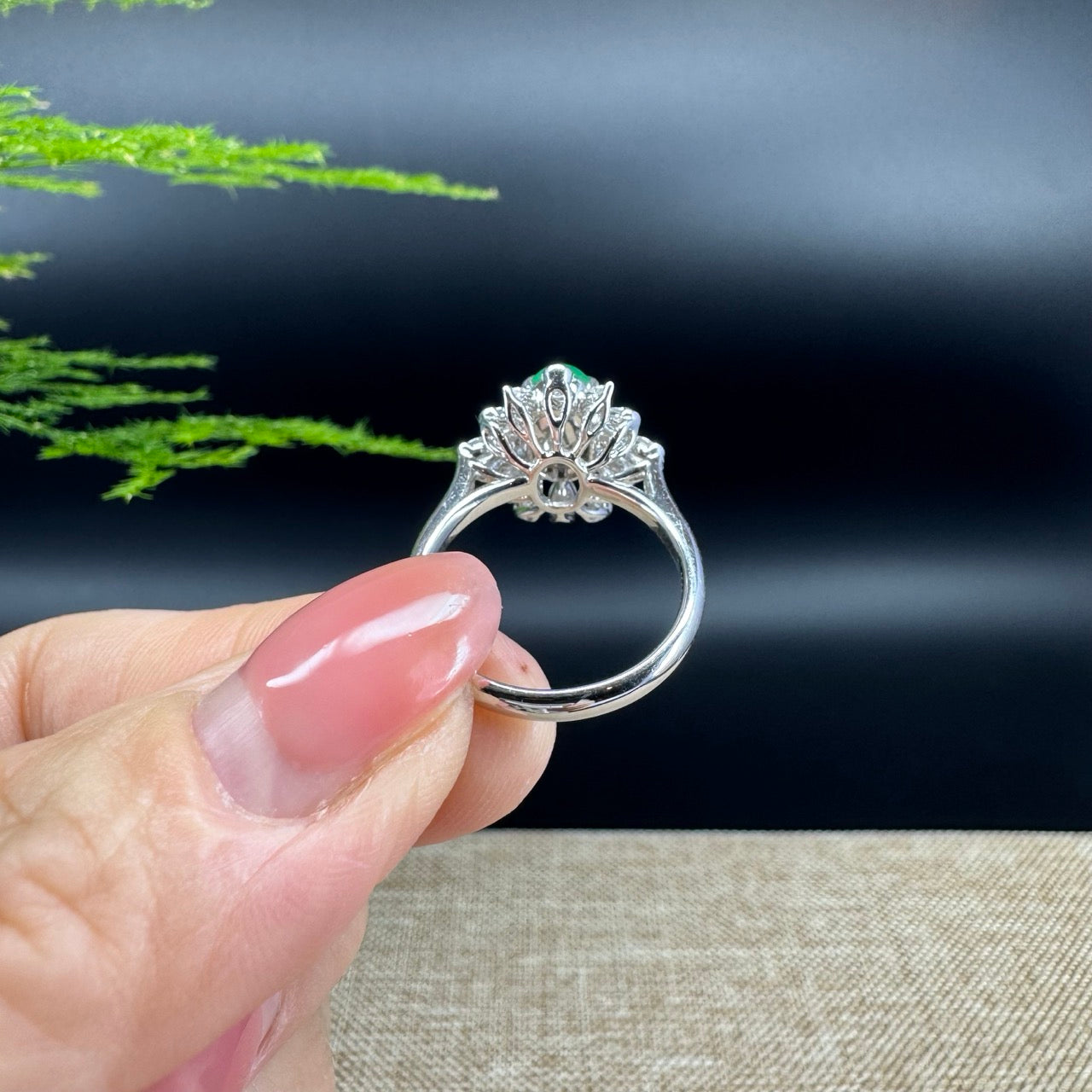 RealJade® "Amelie" 18k White Gold Natural Imperial Green Jadeite Engagement Ring With Diamonds
