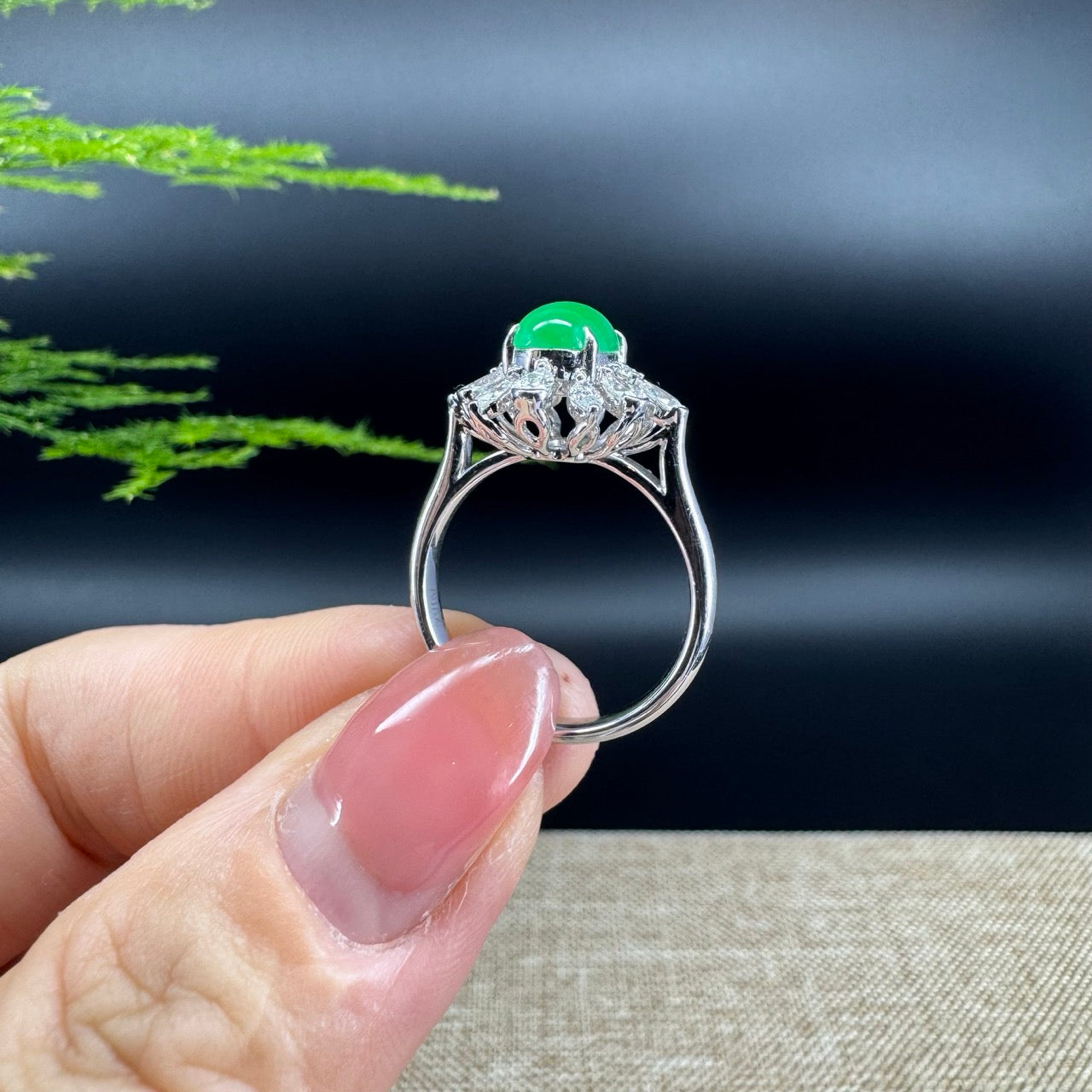 RealJade® "Amelie" 18k White Gold Natural Imperial Green Jadeite Engagement Ring With Diamonds
