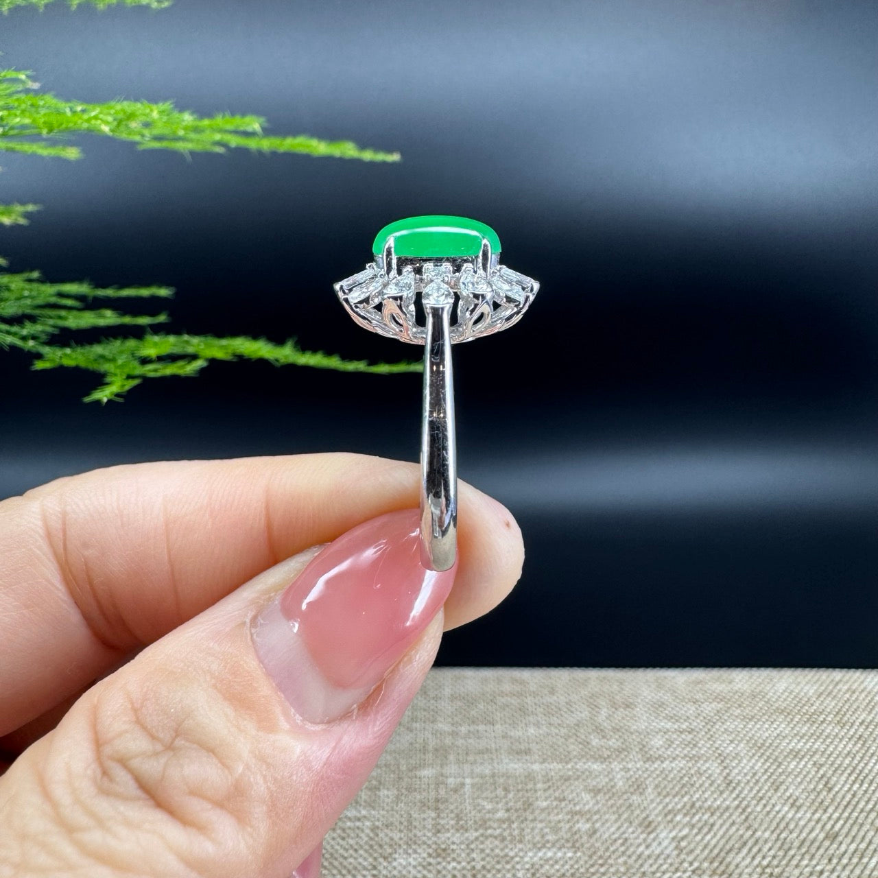 RealJade® "Amelie" 18k White Gold Natural Imperial Green Jadeite Engagement Ring With Diamonds