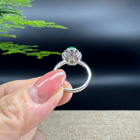 RealJade®  18k White Gold Natural Imperial Green Jadeite Engagement Ring With Diamonds