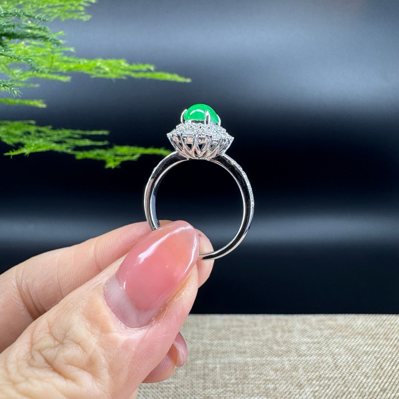RealJade®  18k White Gold Natural Imperial Green Jadeite Engagement Ring With Diamonds