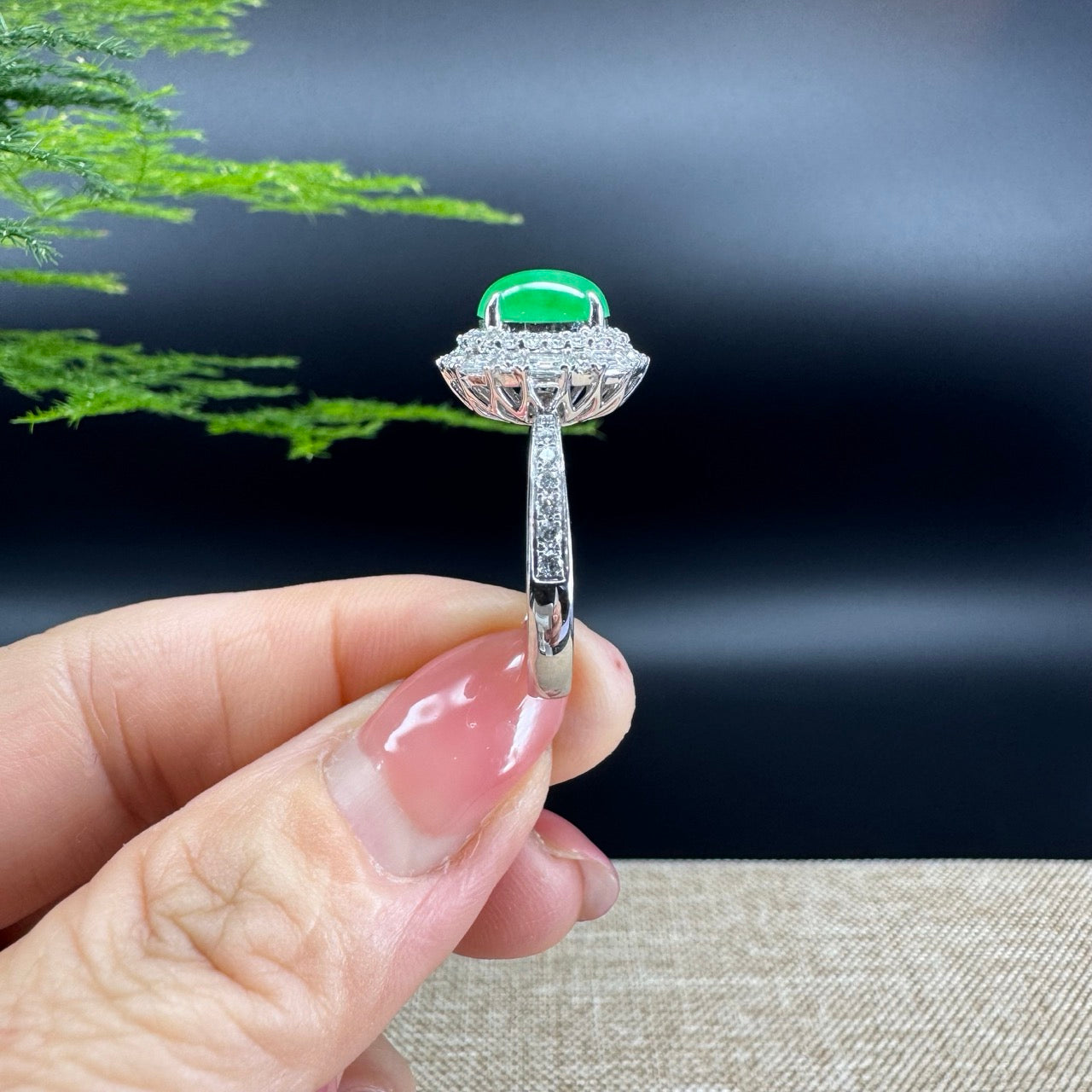 RealJade®  18k White Gold Natural Imperial Green Jadeite Engagement Ring With Diamonds