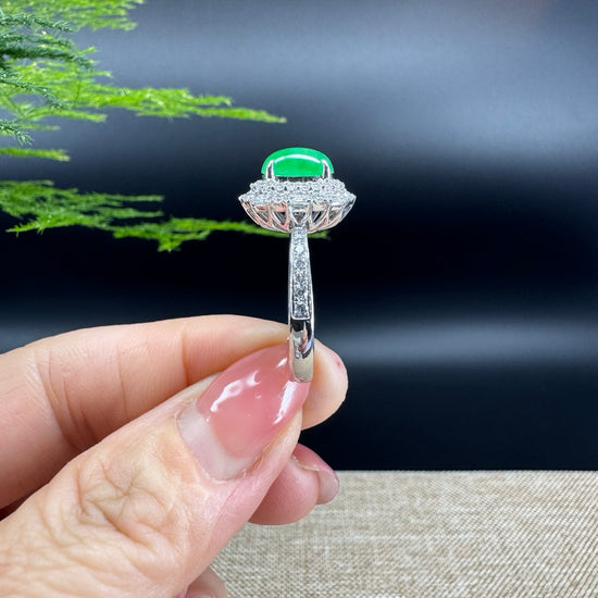 RealJade®  18k White Gold Natural Imperial Green Jadeite Engagement Ring With Diamonds