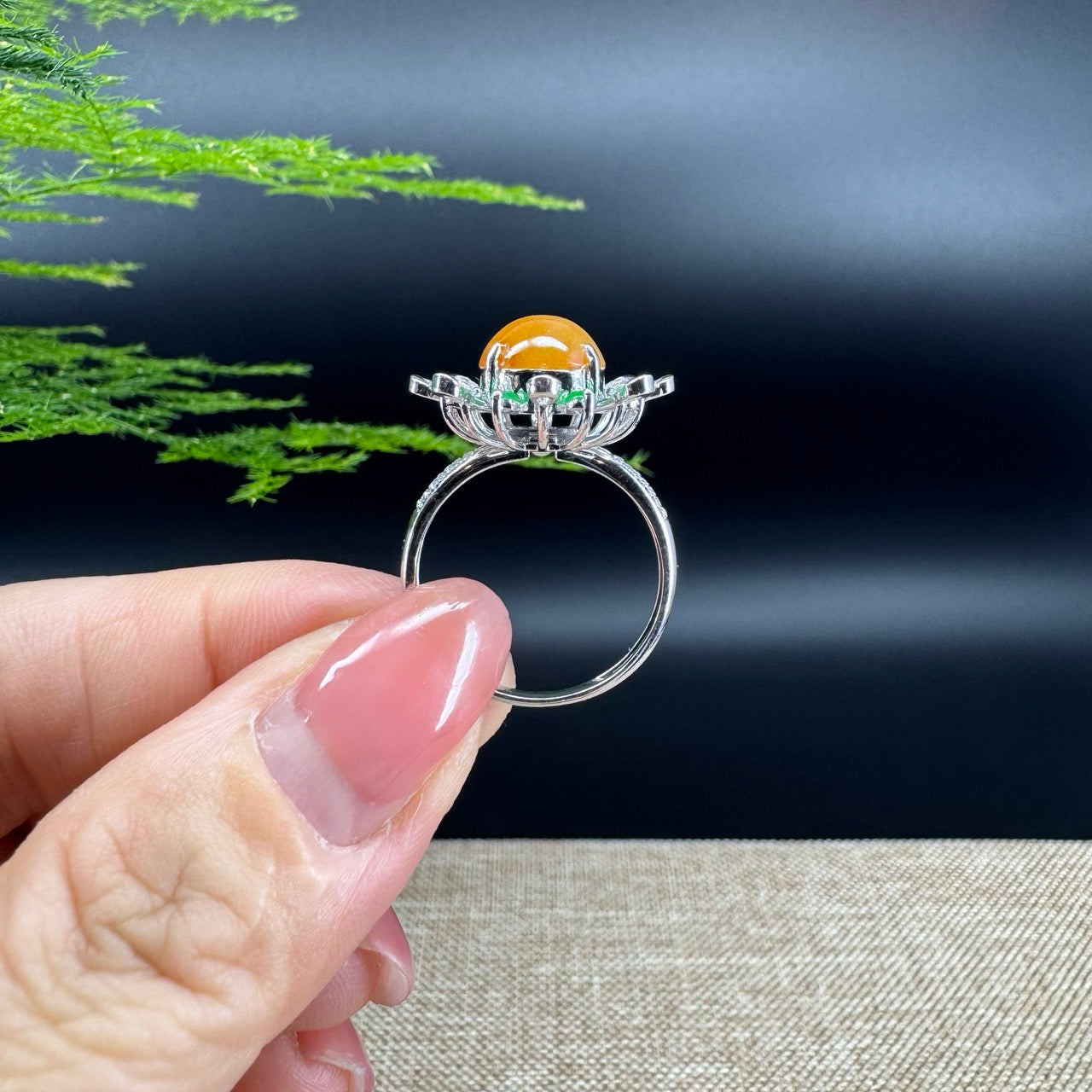 RealJade® "Amelie" 18k White Gold Natural Honey Yellow Jadeite  Engagement Ring With Diamonds