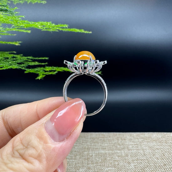 RealJade® "Amelie" 18k White Gold Natural Honey Yellow Jadeite  Engagement Ring With Diamonds