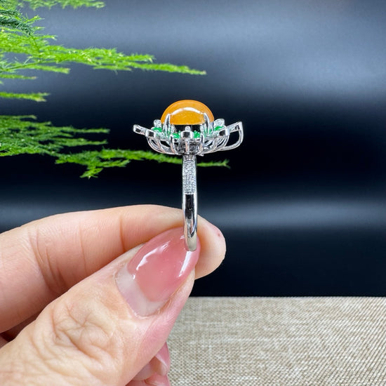 RealJade® "Amelie" 18k White Gold Natural Honey Yellow Jadeite  Engagement Ring With Diamonds