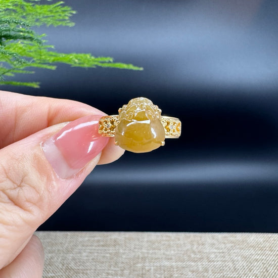 RealJade® "Signature Signet" 18K Yellow Gold Honey Yellow Jadeite Jade Diamonds  Pig Ring