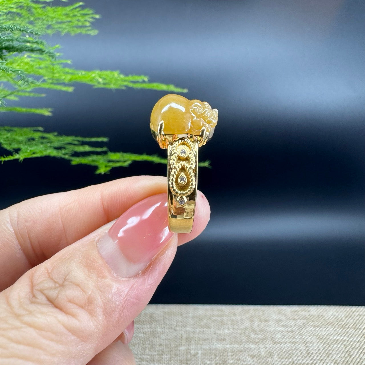 RealJade® "Signature Signet" 18K Yellow Gold Honey Yellow Jadeite Jade Diamonds  Pig Ring