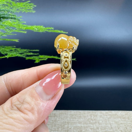 RealJade® "Signature Signet" 18K Yellow Gold Honey Yellow Jadeite Jade Diamonds  Pig Ring
