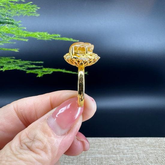 RealJade® "Signature Signet" 18K Yellow Gold Honey Yellow Jadeite Jade PiXiu Ring