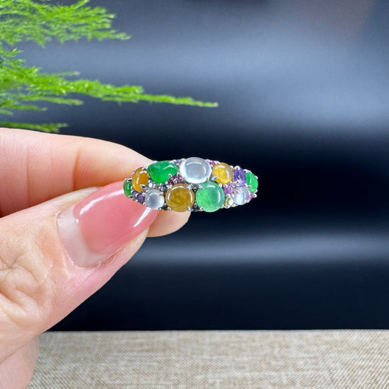 RealJade® "Bubble Collection" 18k White Gold Natural Multi-Colored Jadeite Ring With Diamonds