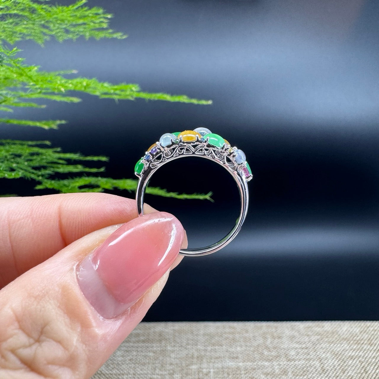 RealJade® "Bubble Collection" 18k White Gold Natural Multi-Colored Jadeite Ring With Diamonds