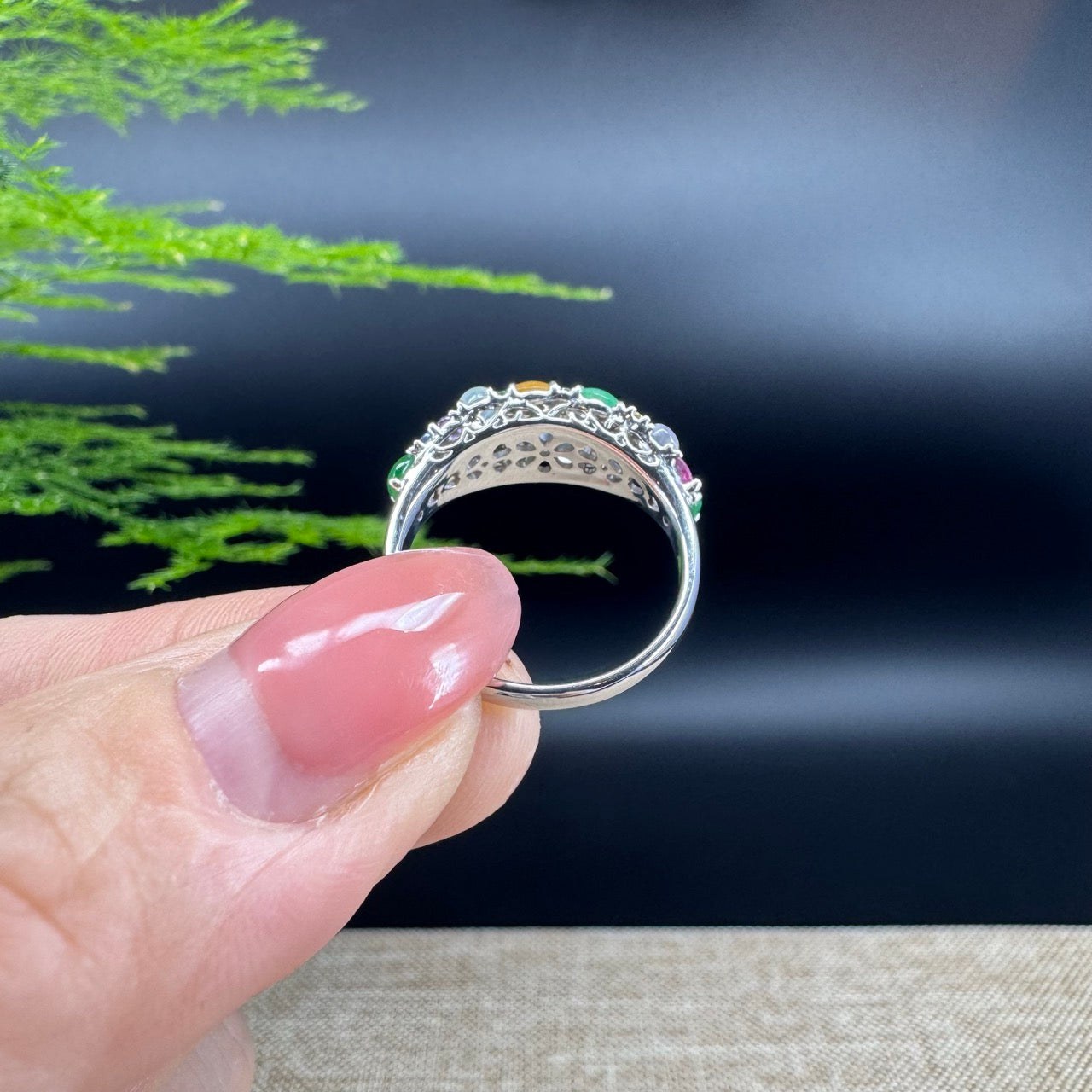 RealJade® "Bubble Collection" 18k White Gold Natural Multi-Colored Jadeite Ring With Diamonds